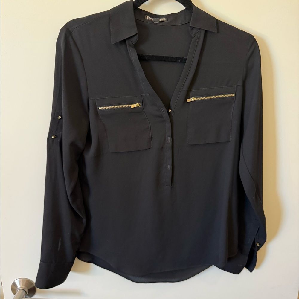 Express Black Portofino Shirt with Gold Zipper Details